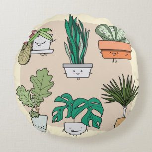Set of cute house plants in pots. Colourful botani Round Cushion