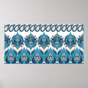 Set of dark seamless vintage borders. Floral paisl Poster