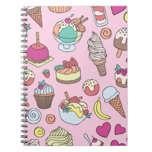 Set of different sweets. Seamless doodle pattern w Notebook