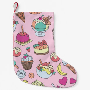 Set of different sweets. Seamless doodle pattern w Small Christmas Stocking