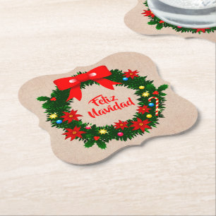 Set of Feliz Navidad Merry Christmas Wreath Bow Paper Coaster