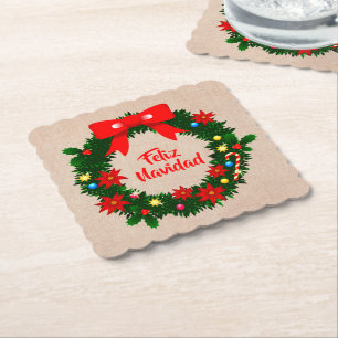 Set of Feliz Navidad Merry Christmas Wreath Bow Paper Coaster