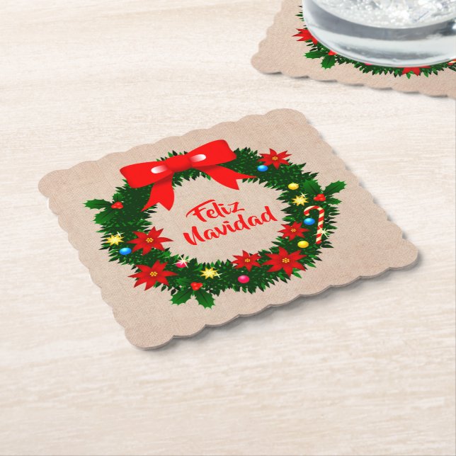 Set of Feliz Navidad Merry Christmas Wreath Bow Paper Coaster (Angled)
