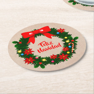 Set of Feliz Navidad Merry Christmas Wreath Bow Round Paper Coaster