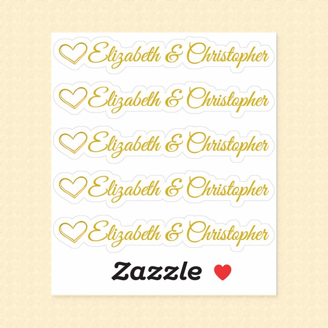 Set of Five Customisable Golden Heart Signature (Five couple's signature labels each with charming golden heart, all on one sheet.)