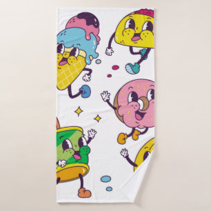 Set of food and drink in retro cartoon style illus bath towel