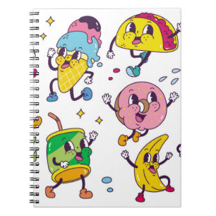 Set of food and drink in retro cartoon style illus notebook