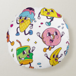 Set of food and drink in retro cartoon style illus round cushion