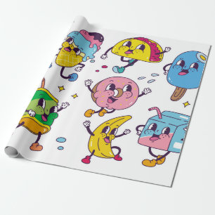 Set of food and drink in retro cartoon style illus wrapping paper