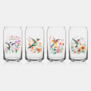 Set Of Four Hummingbirds Floral Wreath Can Glass