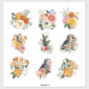 Set of garden spring flowers and birds elements. 