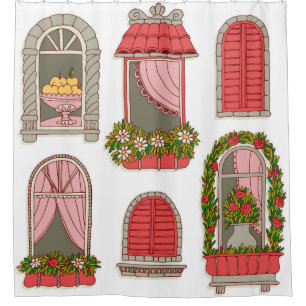 set of illustrations with a vintage windows shower curtain