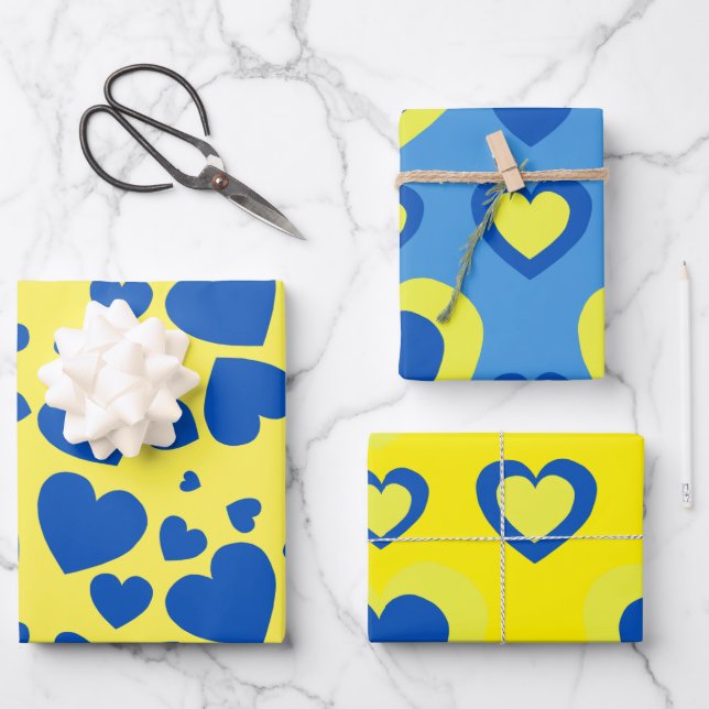 Set of Paper Sheets Hearts blue and yellow  (Front)