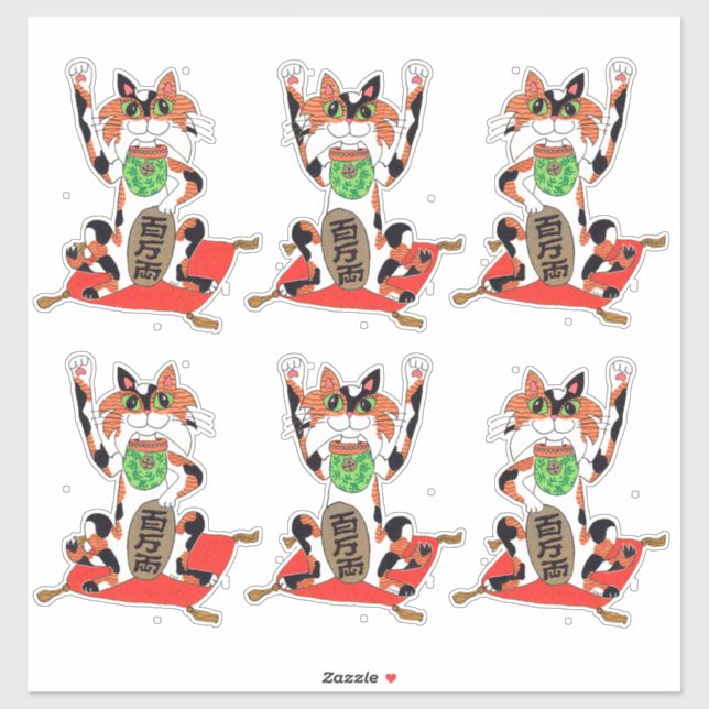 Set of Six Cute Maneki Neko Lucky Beckoning Cats (Sheet)