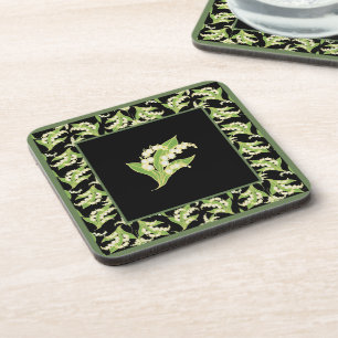 Set of Square Coasters: Lily of the Valley, Black Coaster