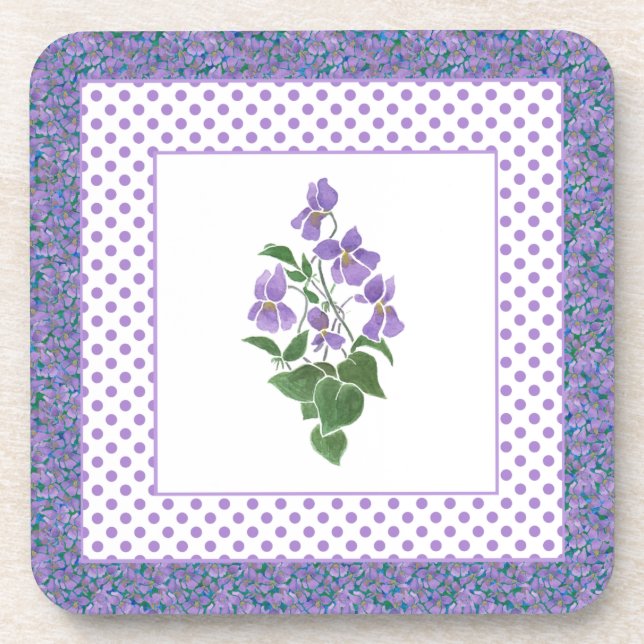 Set of Square Coasters, Violets and Polka Dots Coaster (Front)