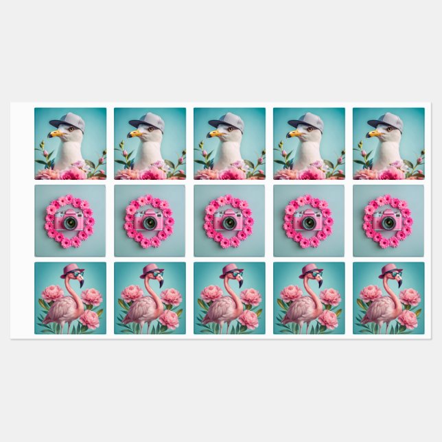 Set of stickers, seagull camera, flamingo blue bac (Sheet)