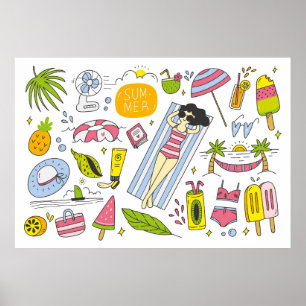 Set of summer doodle on white background vintage d poster