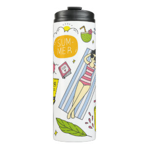 Set of summer doodle on white background vintage d thermal tumbler