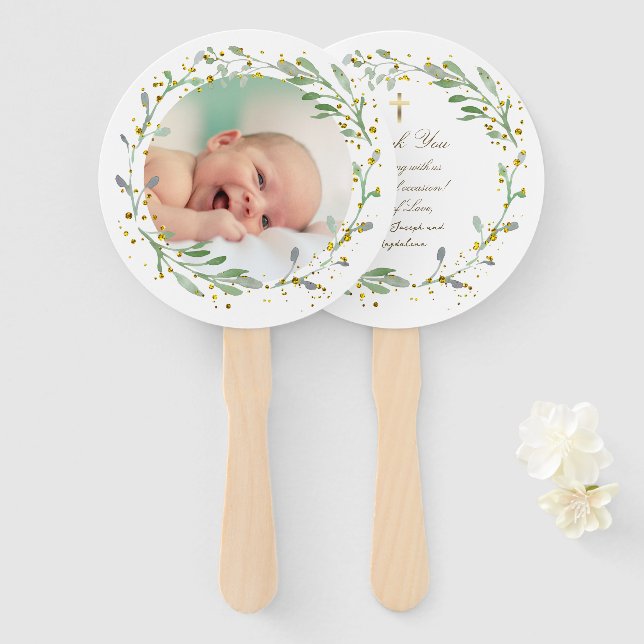set of ten greenery faux glitter Baptism Hand Fan (Front and Back)