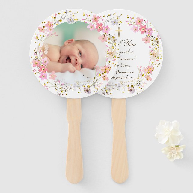 set of ten pink flowers frame Baptism  Hand Fan (Front and Back)