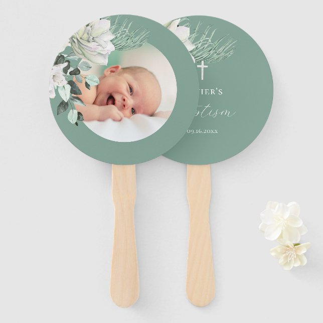 set of ten white green bouquet Baptism Hand Fan (Front and Back)