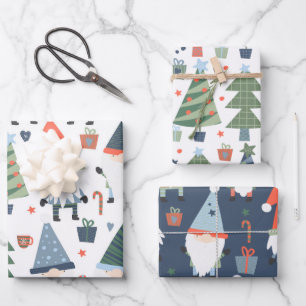 Set of Three Christmas Gnomes Trees Blue Green Red Wrapping Paper Sheet