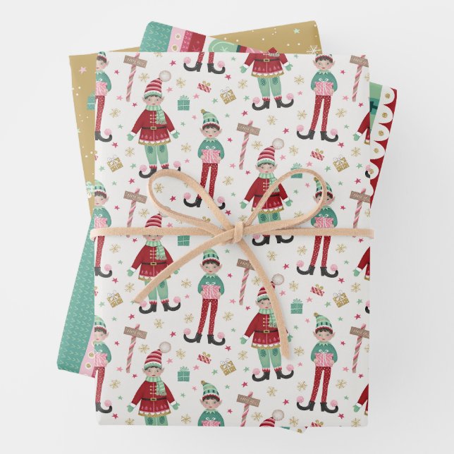 Set of Three Colourful Christmas Elf Wrapping Paper Sheet (In situ)
