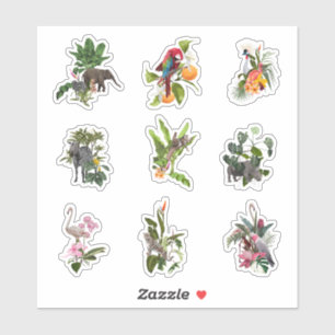 Set of tropical flowers, palm leaves and birds.