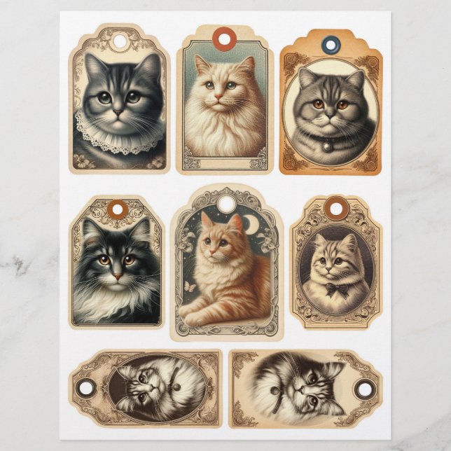 Set of Vintage Cat Paper Tags (Front)