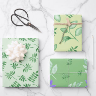 Set of Watercolor seamless pattern. Green branches Wrapping Paper Sheet