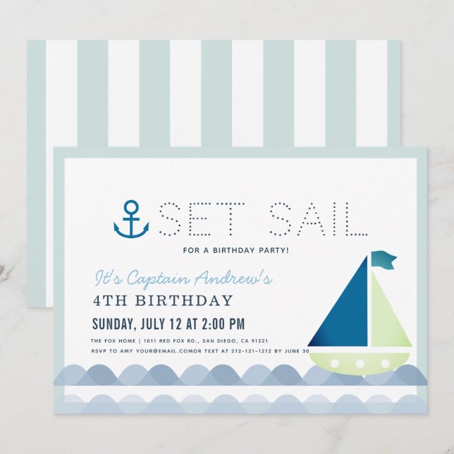 Set Sail Sailboat Nautical Blue Boy Birthday Invitation (Front/Back)