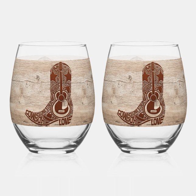 Set Wine Stemless Cowboy Glasses Drinkware (Front)