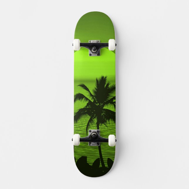 Setting Sun Green Tropics Palm Beach Skateboard (Front)