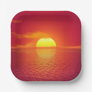Setting Sun over Orange Sea Calm Ocean Sunset Paper Plate