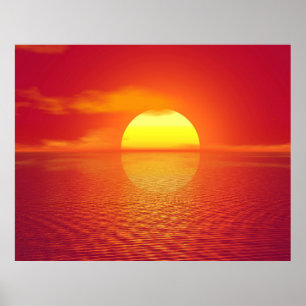 Setting Sun over Orange Sea Calm Ocean Sunset  Poster
