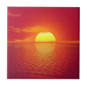 Setting Sun over Orange Sea Calm Ocean Sunset  Tile