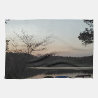 Setting Sun, Rising Moon over Lake Arrowhead Tea Towel