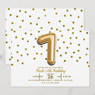SEVEN 7 Gold Balloon Confetti 7th Birthday Party Invitation