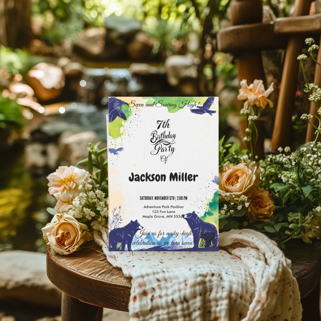 Seven and Soaring High 7th Birthday Navy and Lime Invitation (Creator Uploaded)