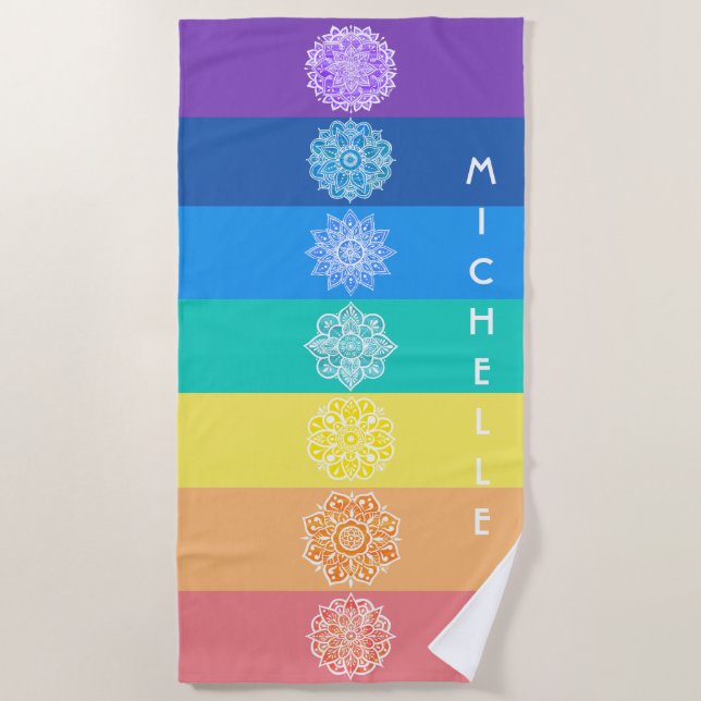 Seven Chakras Rainbow Mandalas Beach Towel (Front)