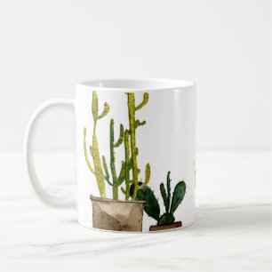 Seven hand drawn green watercolor cactus in brown coffee mug