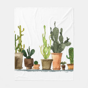 Seven hand drawn green watercolor cactus in brown fleece blanket