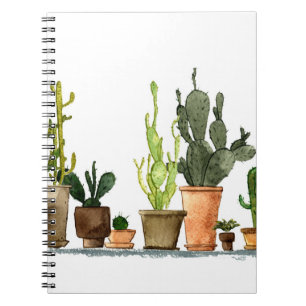 Seven hand drawn green watercolor cactus in brown notebook