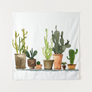 Seven hand drawn green watercolor cactus in brown tapestry