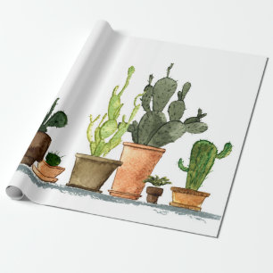 Seven hand drawn green watercolor cactus in brown  wrapping paper