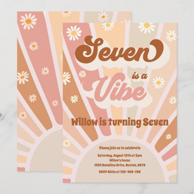 Seven Is A Vibe Boho Sunshine 7th Birthday Party Invitation (Front/Back)