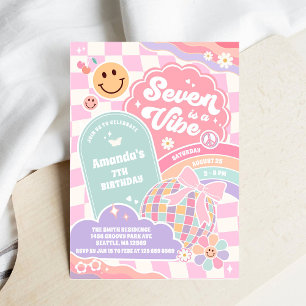 Seven Is A Vibe Cloud Rainbow Disco 7th Birthday  Invitation