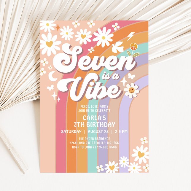 SEVEN is a Vibe Daisy Rainbow Hippie 7th Birthday Invitation (Creator Uploaded)