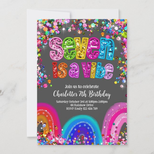 Seven is a Vibe Glitter Girls Party Invitation (Front)